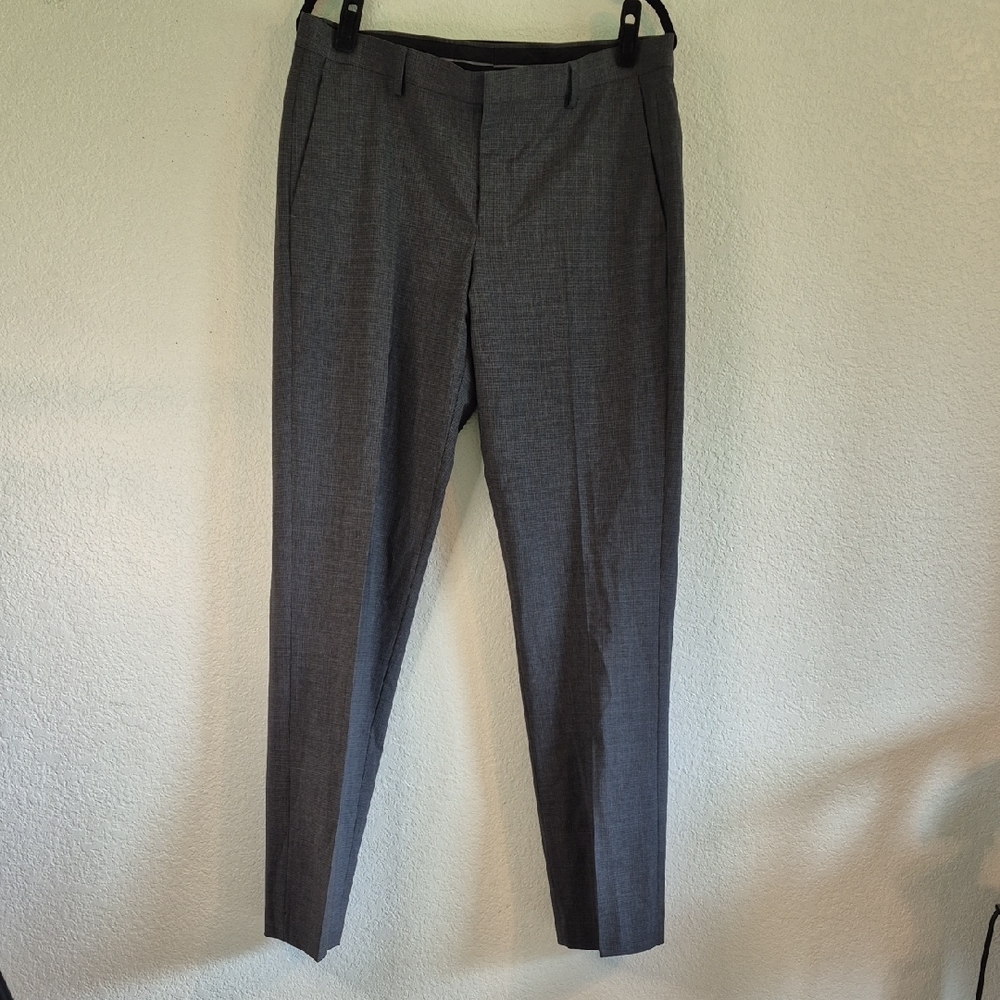 Murano Fine Merino Wool Performance Gray & Black Micro Plaid Dress Pants 34×34